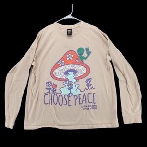Petals Shirt Womens Medium Long Sleeve Tan Choose Peace Mushroom and Alien
